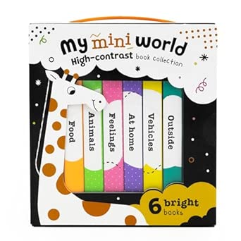 Couverture — My Mini World – Box Set of 6 High-Contrast Mini Board Books | First Words & Vocabulary Builder for Babies | Animals, Vehicles, Feelings, Food, Outside & At Home | Durable Books with Carry Box