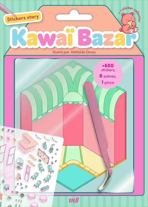 Sticker therapy - Kawaï bazar : 8 adorables scènes à compléter - 600 stickers et une pince inclus